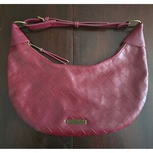 FRYE AND CO Woven Hobo Shoulder Bag Burgundy Leather Zip Top Adjustable Strap